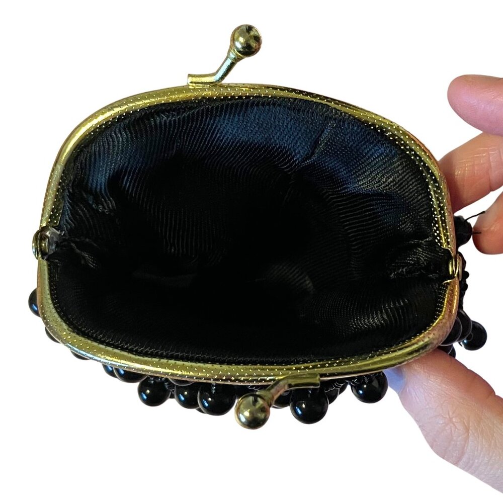 Vintage 60s Black Beaded Coin Purse Handmade Hong Kong Evening Bag Retro Mod MCM - Picture 5 of 7